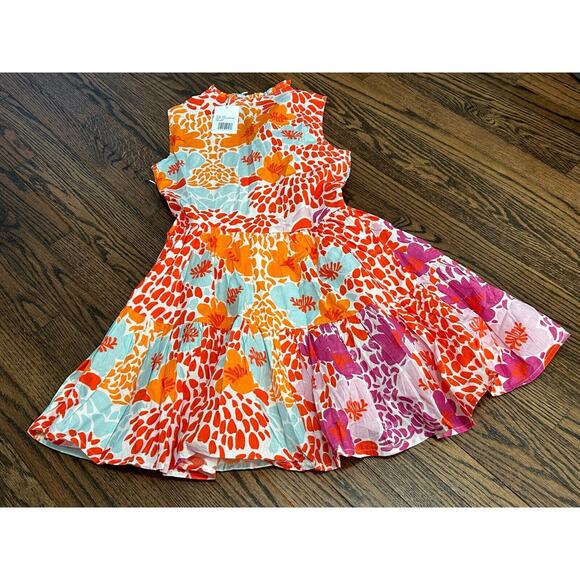 NWT Oliphant Sleeveless V-Neck Antigua Orange Yoke Floral Mini Dress Size XXS - Picture 3 of 9
